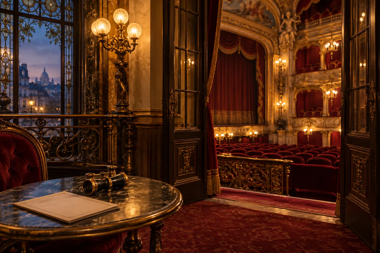Illustration générée par IA : foyer de théâtre parisien fictif d’inspiration Belle Époque, salle vide, programme sans texte et jumelles de spectacle