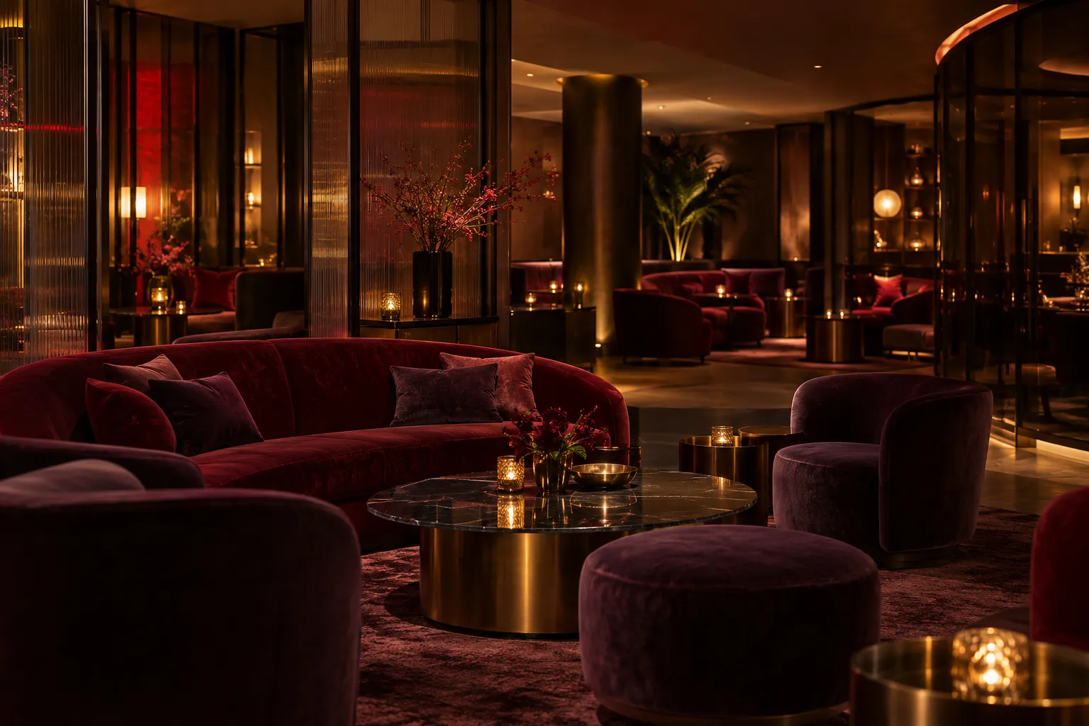 Illustration générée par IA : lounge contemporain fictif, banquettes et éclairage tamisé, sans personnes