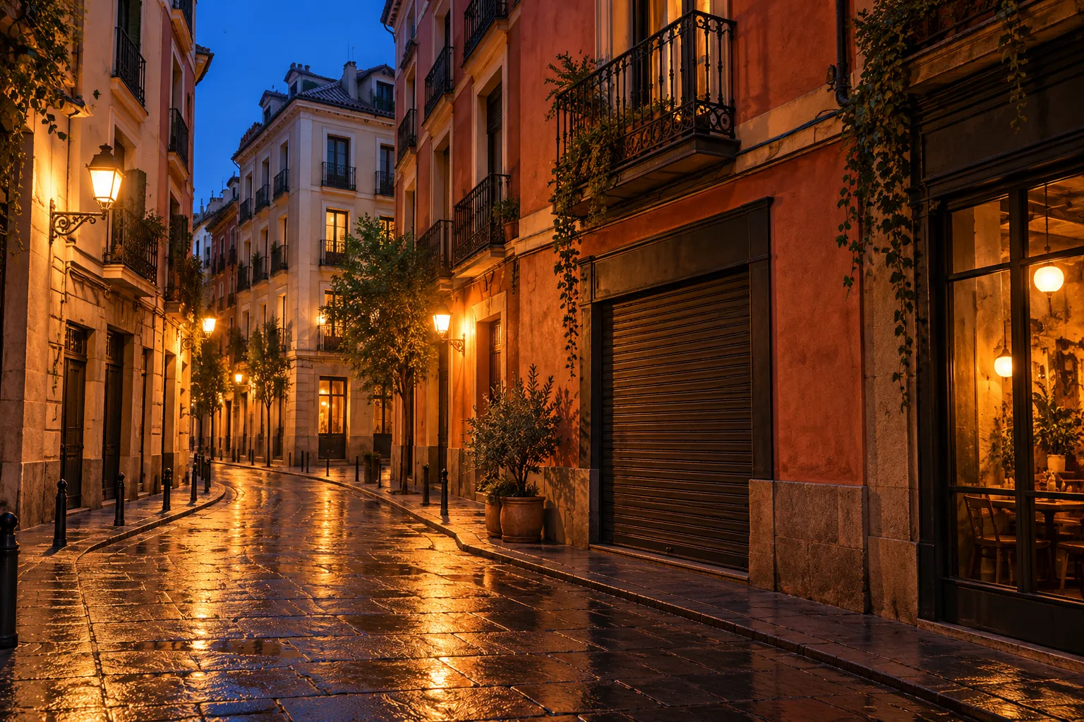 Ilustración generada por IA: calle ficticia de inspiración madrileña, fachadas terracota y balcones
