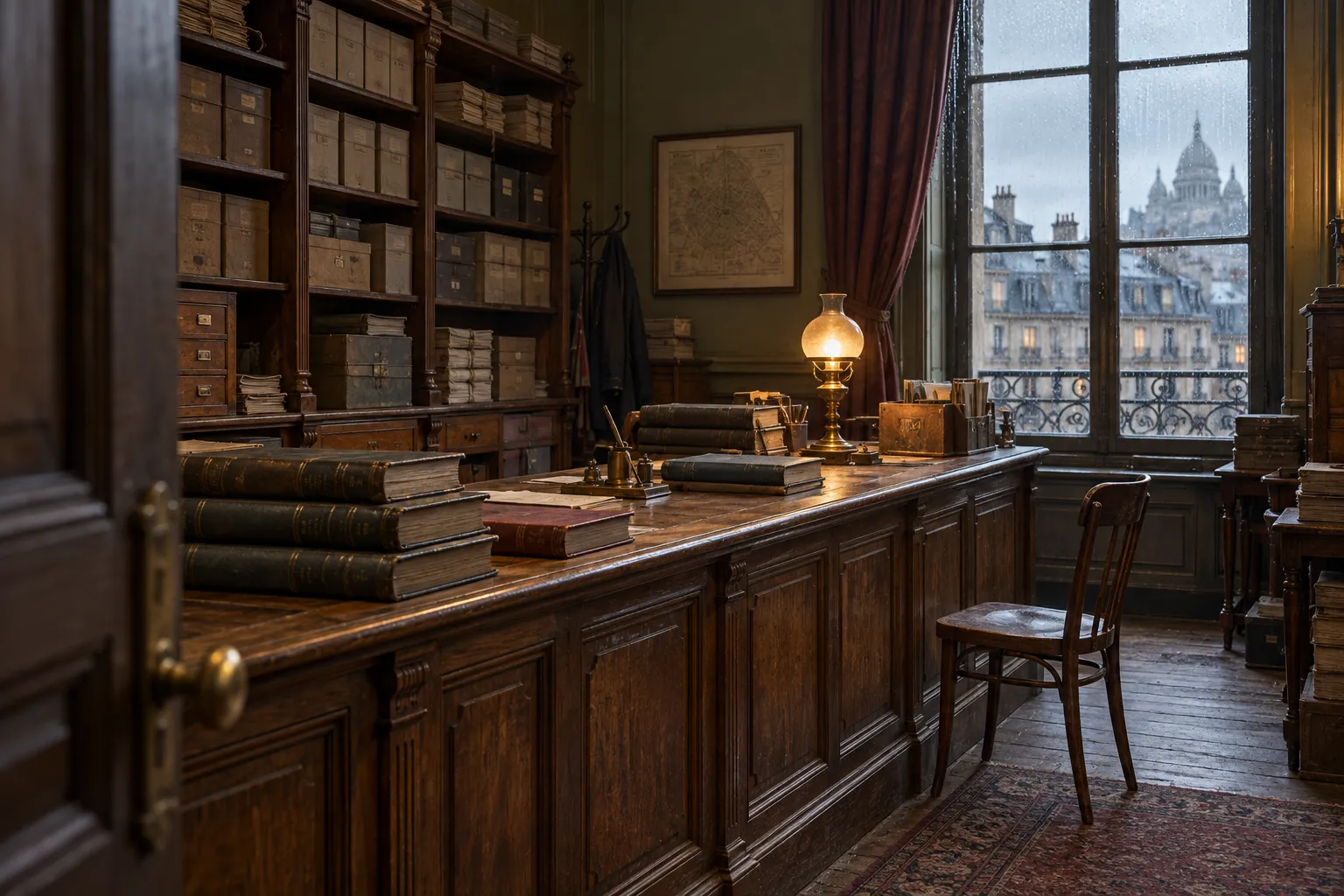Ilustración generada por IA: sala de registros parisina ficticia inspirada en el siglo XIX, con un mostrador de madera y libros cerrados, sin personas