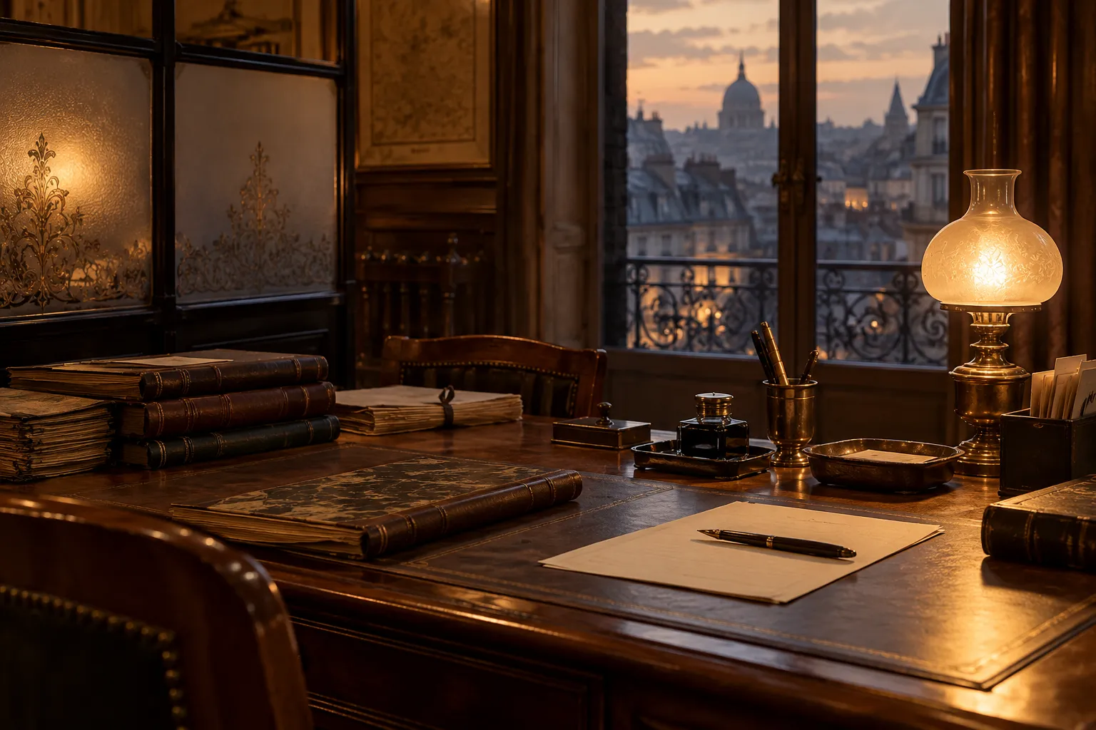 Illustration générée par IA : Bureau administratif fictif d’inspiration XIXe siècle, registres et lampe à huile