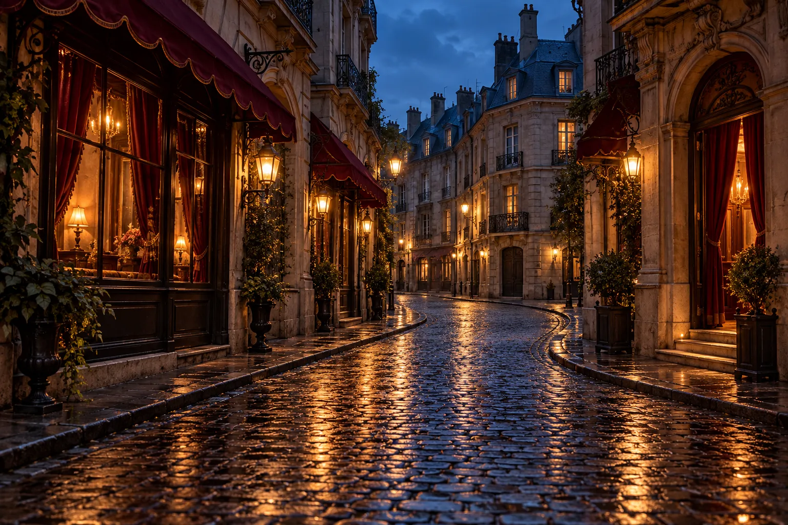 Illustration générée par IA : rue européenne fictive d’inspiration historique, pavés et lanternes au crépuscule