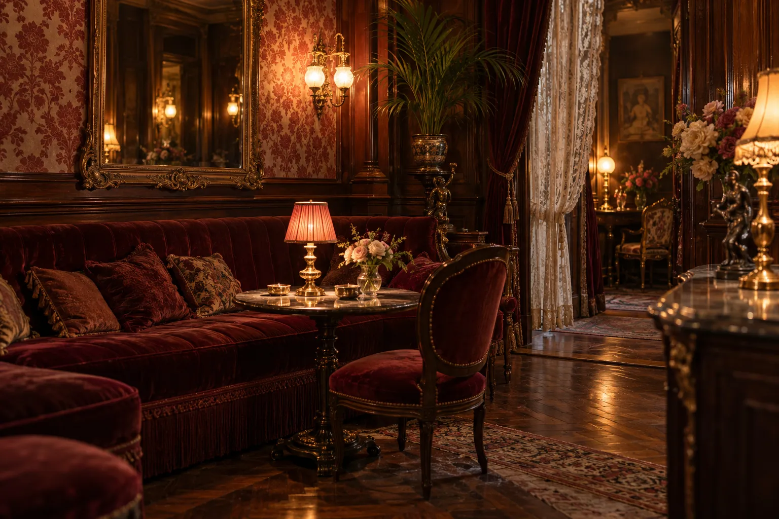 Illustration générée par IA : salon fictif d’inspiration Belle Époque, velours bordeaux et lampes ambrées